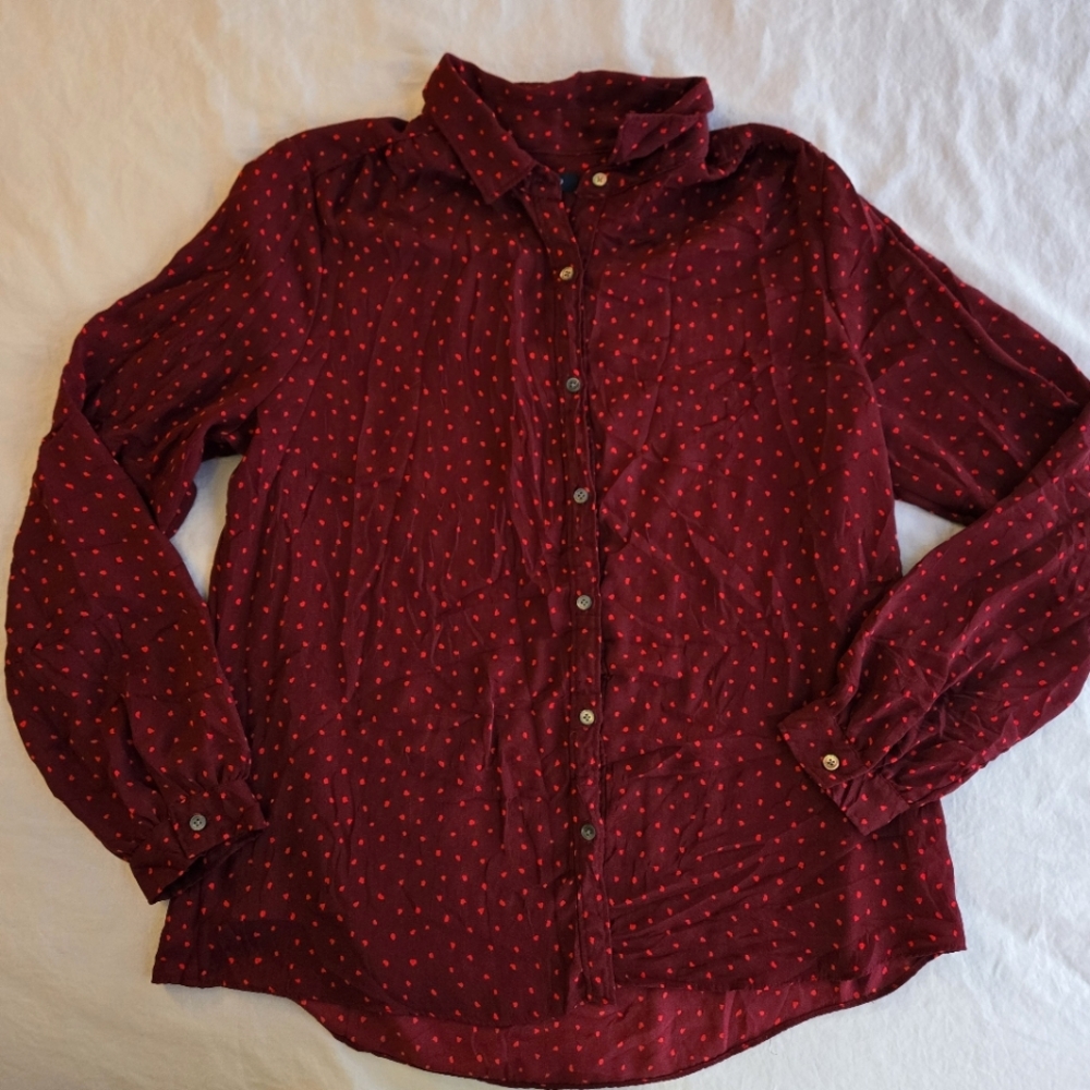 Lands' End Women's Burgundy Button Down Red Polka Dot